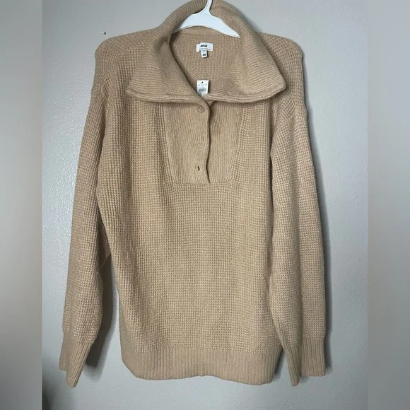 Aerie Beige  CozyUp Waffle Button Sweater in a tan color. Size Small NEW - Picture 5 of 12